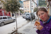 Enjoying a local snack in Berat