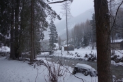 View of our campsite in the early morning with snow